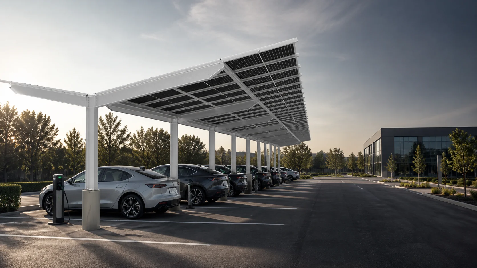 SPCP photovoltaic carport covering electric vehicle charging spaces